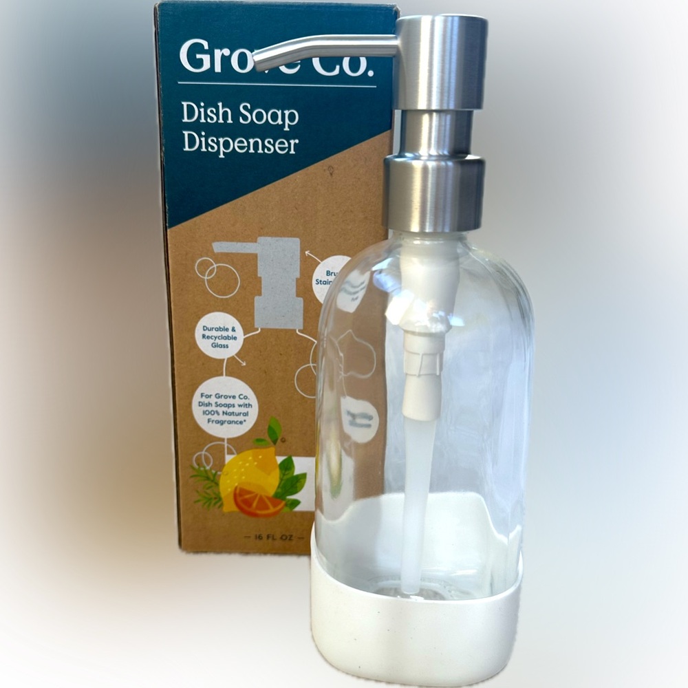 CLEAR GLASS DISH SOAP DISPENSER W/BRUSHED SILVER PUMP REUSABLE SILICONE SLEEVE